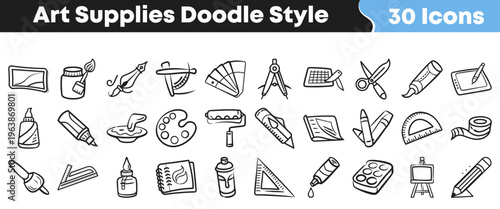 Collection of thirty hand drawn black and white doodle style icons representing various essential art and design supplies for creation.