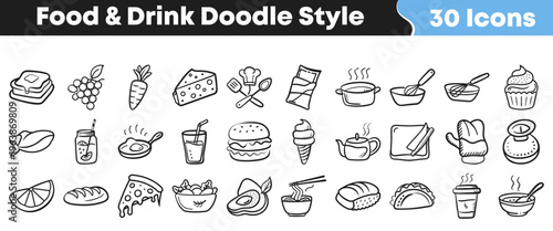 A comprehensive collection of hand-drawn food and drink doodle style icons perfect for restaurant menus, cooking blogs, and culinary design projects.