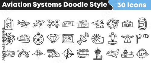 Thirty charming hand drawn doodle style icons representing various essential aviation systems and transportation concepts effectively.