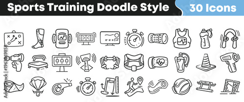 Collection of thirty hand drawn doodle style icons representing various essential sports training equipment and athletic concepts.