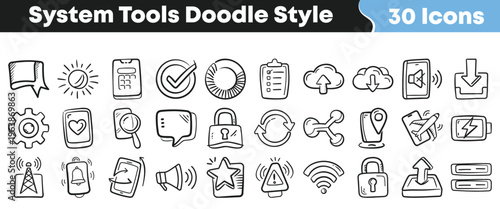 This collection features thirty hand-drawn doodle-style system tool icons suitable for various web and mobile application interfaces.