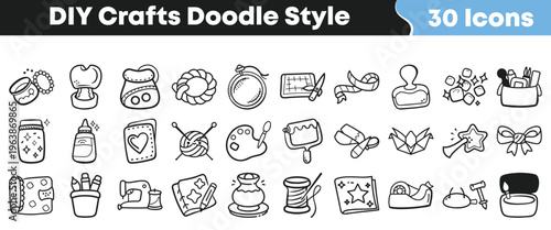 Collection of thirty unique doodle style icons representing various crafting supplies and handmade project elements for design.