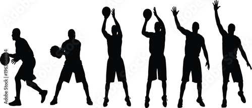 Black silhouette of professional basketball players in various action poses like dribbling, shooting, and jumping, isolated on white background, vector.