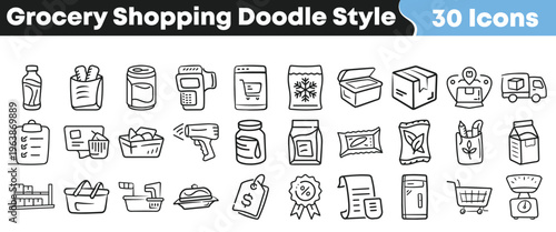 Discover a delightful collection of 30 hand-drawn grocery shopping and delivery icons designed in a playful doodle style.
