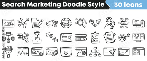 Collection of thirty black and white doodle style icons representing various essential elements of modern search engine optimization marketing strategies.