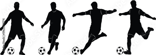Black silhouette of professional male soccer players in various action poses like kicking, dribbling, and running, isolated on white background.