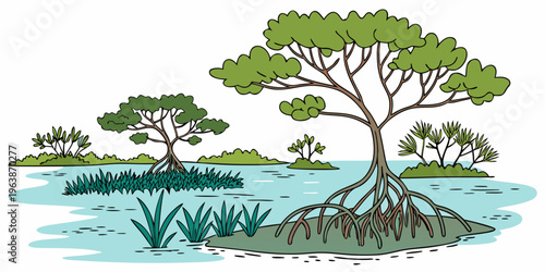 Serene tropical mangrove coastline scene with lush greenery and calm waters, featuring a prominent tree with exposed roots on a small island, surrounded by smaller plants and trees.