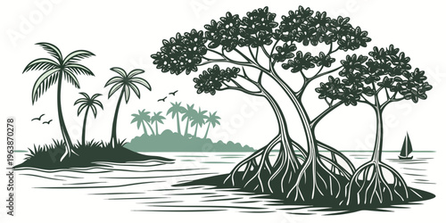 Flat vector illustration of a serene tropical mangrove coastline scene with palm trees, aerial roots, and a distant island, evoking a sense of calm and natural beauty.