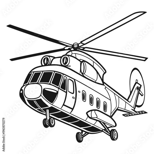 Vector illustration of a helicopter on a white background, showcasing a detailed design with rotor blades and cockpit windows, ideal for transport and aviation concepts.