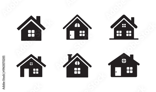 Collection of house icons with different window designs and chimney features for real estate