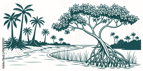 Serene tropical mangrove coastline scene with palm trees and lush vegetation in a flat vector illustration style, ideal for eco-friendly and travel designs.