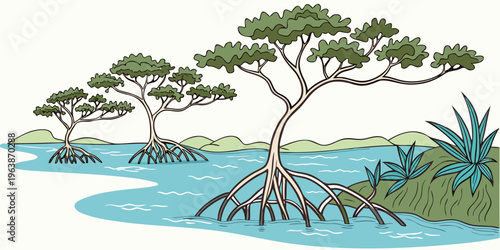 Serene tropical mangrove coastline scene with lush greenery and calm waters, featuring distinctive tree roots and a peaceful atmosphere, ideal for eco-friendly and travel concepts.