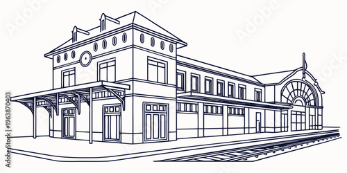 A detailed line art illustration of a classic train station building with a clock tower, platform, and arched windows, showcasing architectural details in a simple yet elegant style.