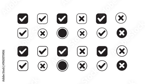 Collection of check mark and cross icons in squares and circles for agreement or rejection