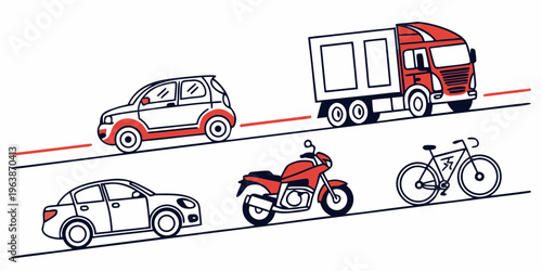 Vector illustration of a transportation collection featuring a truck, car, motorcycle, bicycle, and sedan on a road, showcasing various vehicles in motion.