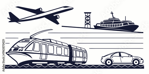 Silhouette set of various travel transport vehicles including airplane, cruise ship, train, and car in motion, ideal for icons or infographics.
