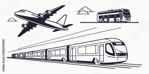 A set of transportation vehicle silhouettes including a train, airplane, and bus in motion, conveying travel and transport concepts.