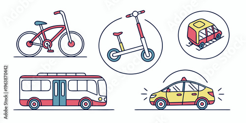 Urban mobility icons set including bicycle, electric scooter, skateboard, city bus, and taxi, illustrating various transportation modes in a modern city.