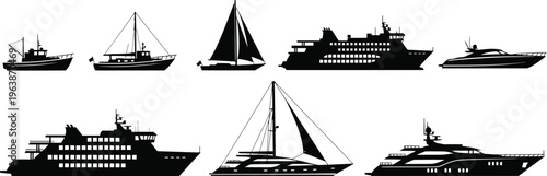 Collection of various boat and ship silhouettes on water
