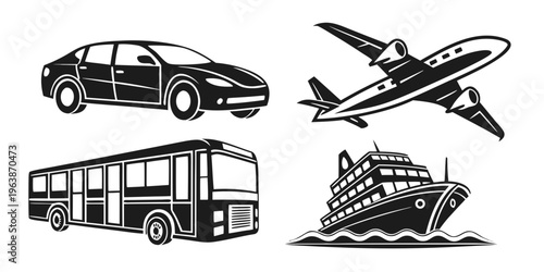 Collection of black icons featuring various transportation vehicles including a car, airplane, bus, and cruise ship, ideal for graphic design and navigation themes.