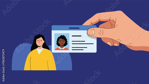 Close-up of a hand holding a blue identification card with a photo and text, representing security, identity verification, or access.