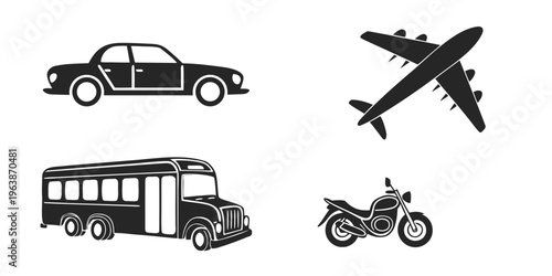 Collection of black icons featuring various transportation vehicles, including a car, airplane, bus, and motorcycle, for design and educational use.