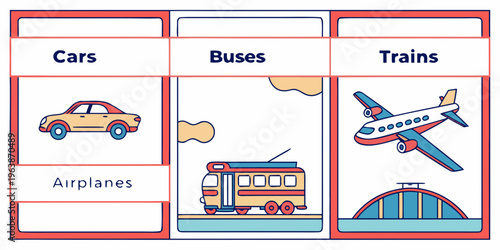 Infographic set of various transportation vehicles, including cars, buses, trains, airplanes, for educational purposes, illustrating different modes of travel and transport.
