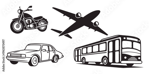 Minimal black silhouettes of various transportation vehicles including a motorcycle, airplane, car, and bus on white background for design and illustration.