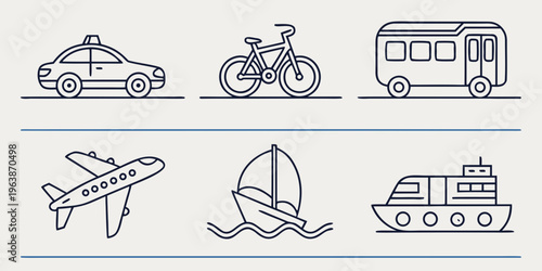 A set of thin line icons featuring various modes of transportation, including a car, bicycle, bus, airplane, sailboat, and boat, for use in design and navigation.