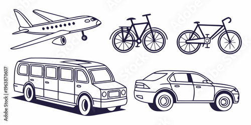 Vector collection of various transport vehicles, including a car, van, airplane, and bicycles, in outline style for design and illustration purposes.