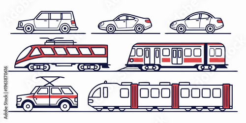A set of colorful transportation icons featuring various vehicles including cars, trucks, buses, and trains in a graphic illustration style, ideal for design and infographic use.