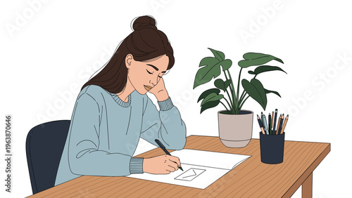 Thoughtful young woman sits at her wooden desk in a home office carefully writing in a journal with various supplies nearby.