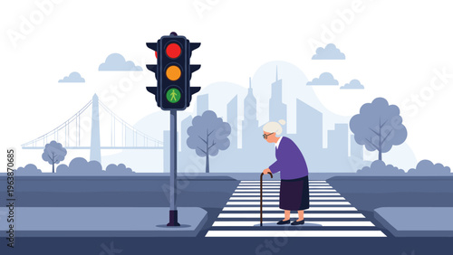 Senior woman using a walking stick safely crosses a city street at a crosswalk while the pedestrian traffic light shows green.