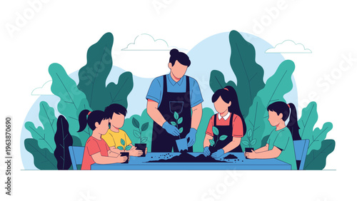 Diverse group of elementary school children learn how to plant young saplings with their teacher in an outdoor garden setting.