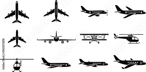 Collection of various aircraft silhouettes including planes and helicopters
