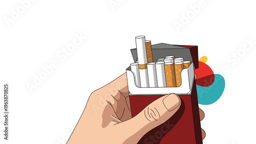 Close up of a person hand holding an open red pack of cigarettes with several cigarettes visible inside against a white background.