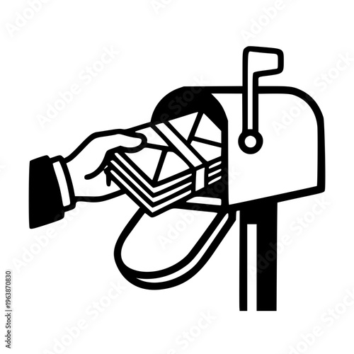 Mail Delivery Illustration – Hand Putting Letters Into Mailbox Black and White Vector