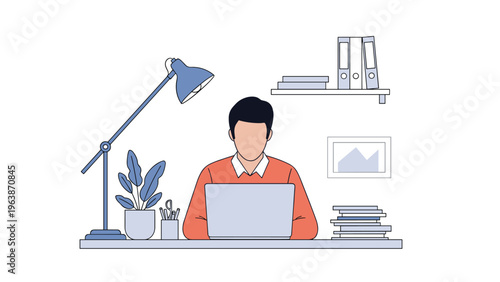 Anonymous businessman in an orange sweater works diligently on his laptop at a clean modern office desk with books and a desk lamp.