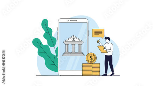 Concept of mobile banking showing a smartphone with a bank icon alongside a person taking notes and stacks of golden coins.