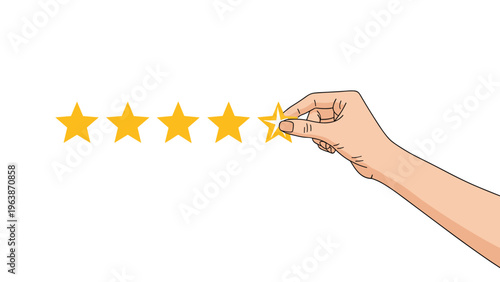 Customer hand adds a fifth golden star to a rating row representing excellent service quality and high customer satisfaction.