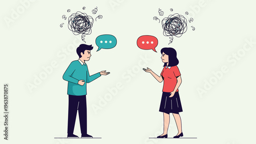 Man and woman in a heated argument with angry expressions and chaotic speech bubbles depicting a breakdown in communication.