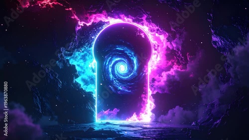A glowing portal reveals a cosmic vortex amidst vibrant nebula