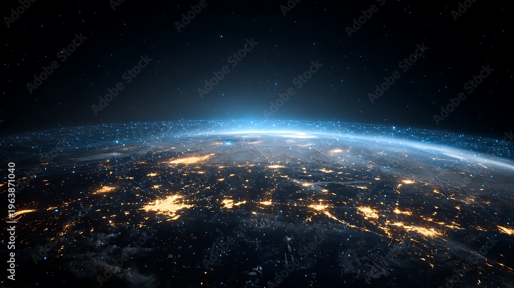 Obraz premium Global Earth Network Connection at Night: Blue Light Grid Overlaying City Lights and Stars, Representing Internet, Metaverse, and Digital World Connectivity