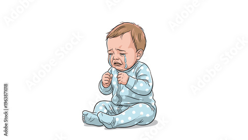 Sad little baby wearing blue polka dot pajamas sits alone on the floor and cries with tears running down his cheeks.