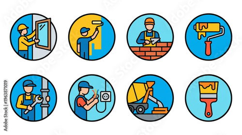 Diverse Tradesmen and Building Service Icons for Home Renovation Projects