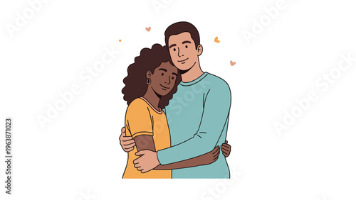 Loving interracial couple shares a warm and affectionate hug against a simple background with small floating heart shapes.