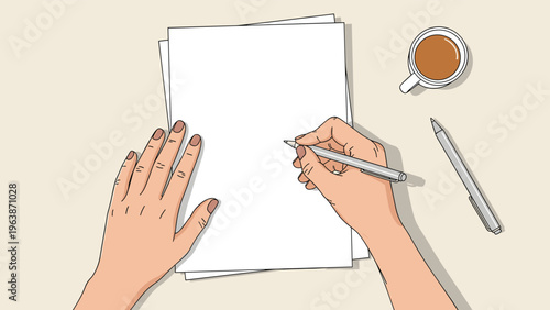Top view of a person hands about to write on a blank stack of white paper with a cup of coffee and pens nearby on a desk.
