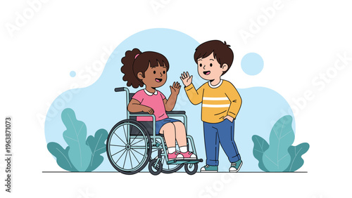 Inclusive scene of a young girl in a wheelchair and her friend waving hello to each other in a sunny park setting outdoors.