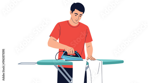 Young man in a red t-shirt carefully irons a white shirt on an ironing board as part of his daily household chores at home.