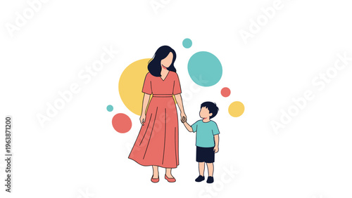 Loving mother and her young son walk together hand in hand against a playful background with colorful abstract circles.